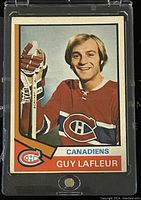 Front of the 1974-5 O-Pee-Chee NHL trading card featuring Guy LaFleur in Montreal Canadiens uniform.