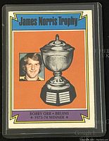 Front of the trading card showing the James Norris Trophy with Bobby Orr's image and award details