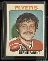 Front side of the Bernie Parent hockey card showing player photo, name, team and position.
