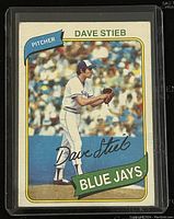 Front side of the Dave Stieb 1979 Topps baseball card showing pitching pose and team name Blue Jays.