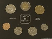 Seven specimen coins arranged in the original specimen set display with Royal Canadian Mint logo.
