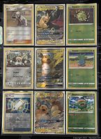 Nine Pokémon cards in sleeves arranged in a 3x3 grid featuring various Pokémon and Trainer cards.