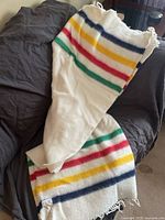 Full view of the wool blanket laid on a dark surface showing the white wool with green, red, yellow and blue stripes and fringed edges.