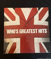 Front cover of 'Who's Greatest Hits' vinyl album showing Union Jack jacket design and title