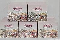 Five original David Winter Grange boxes for the cottages arranged in two rows, showing front artwork and branding.