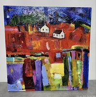 Front view of the colorful abstract oil painting on canvas showing the full artwork with house motifs and vibrant color blocks.