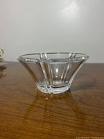 Side profile view of the five-sided vintage crystal bowl showing taper and shape.