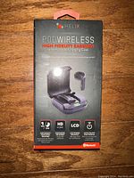 Front view of the Helix Pod wireless earbuds retail box showing product image, brand, and features like Bluetooth, HD sound, LCD display on case.