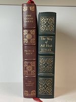 Spine view of two leather bound books showing gold gilt lettering and decorative details.