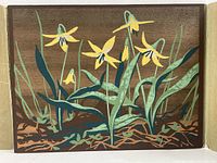 Front panel silkscreen print of yellow flowers and green leaves on wood panel
