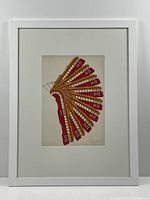 Full view of framed lithograph with white mat and wood frame.