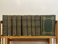 Front view of 9 leather bound Sir Walter Scott books arranged on shelf.