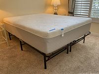 Side angle view showing the mattress, box spring and black metal bed frame on carpeted floor with lamp and nightstand nearby. Mattress appears clean and lightly used.