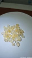 Cluster of 38 natural rough untreated yellow topaz crystals of varying sizes and light yellow hues on a white background.