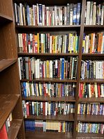 Three-column view of six-shelf bookcase filled with assorted books