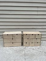 Two IKEA MOPPE wooden boxes side by side, showing two different drawer configurations and finger-joint drawer construction.