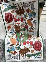 Close-up of a Canada-themed reusable shopping bag showing detailed prints of moose, bear, maple leaf, canoe, and other Canadian icons.