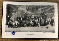 Full framed black and white gangster-themed team photograph depicting the 1993-94 Toronto Maple Leafs with players posed around vintage car and industrial props.