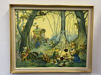 Full view of framed art print showing the teddy bear camping scene in a forest with multiple bears and animals.