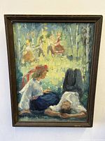 Frontal view of framed oil painting showing complete forest scene
