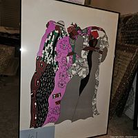 Front view of the framed Good Fortune artwork by Frank Frazier, showing five stylized women in colorful patterned dresses and head wraps.