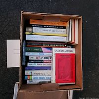 Top view of the box containing 20 assorted used books with various titles visible including 'The Mis-Education of the Negro', 'The Sun Does Shine', 'Becoming' and others.