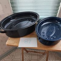 Photo of medium black and small blue roasting pans on a wooden table under window light, showing overall shape and size.