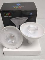 Two clear glass LED PAR38 bulbs with white medium E26 screw base, placed on white surface with original Black Bluex Bulbs LED box behind them.