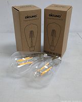 Two vintage Edison LED bulbs lying in front of two cardboard boxes with Dicuno branding and bulb illustration.