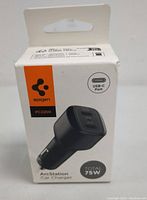 Front view of Spigen ArcStation PC2200 car charger packaging highlighting USB-C port and 75W total power.