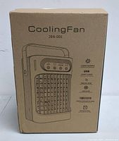 Box of the USB portable cooling fan model JBN-001 showing product features like 3 speed regulation, USB power supply, natural wind, cold wind, colorful atmosphere lamp, and timing function.