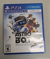 Front cover of Astro Bot Rescue Mission PS4 VR game case showing title, characters, and PlayStation VR branding.