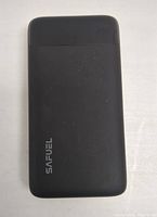 Front view of black SAFUEL power bank with logo visible