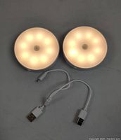 Two round LED night light bulbs lit up showing multiple small LEDs arranged in a circle. Two short USB cables placed below the bulbs.