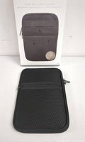 Photo showing the front packaging alongside the black mesh zippered pocket of the tablet sleeve, highlighting its texture and design