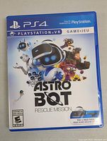 Front cover of Astro Bot Rescue Mission PS4 game case showing branding, ESRB rating, and PlayStation VR