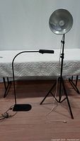 Wide shot showing two light stands, one with a large reflector and bulb, the other a flexible lamp with weighted base on floor