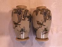 Pair of vases showing front wisteria vine and bird decoration