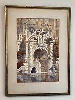 Full view of the framed watercolor painting showing the architectural cathedral portal scene with figures and detailed stonework.
