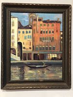Full view of framed oil painting showing Venice canal and buildings