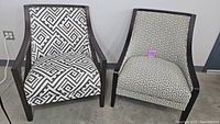 Two modern chairs side by side, each with a distinct gray and white geometric upholstery pattern and dark wooden frames, displaying style and condition.
