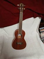 Full front view of the brown mahogany ukulele showing the body, neck, and headstock.