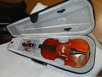 Full violin inside soft-lined carrying case, showing overall condition and fit inside case.