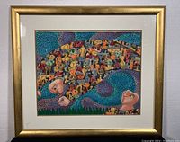 Framed abstract oil painting showing full artwork and gold frame.