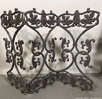 Front view showing the full cast iron fireplace screen with grapevine and scrollwork design.