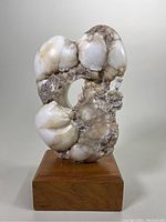 Front view of the abstract marble sculpture mounted on wooden base showing organic shape with central hole and natural stone colors.