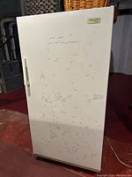 Front view of the white stand up freezer showing wear marks on the door and the handle on the left side.