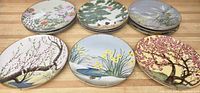 Photo showing all six porcelain plates featuring traditional Japanese bird and flower scenes. Plates arranged in two rows to display artwork.