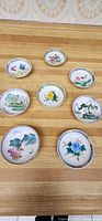Photo showing all 8 small decorative porcelain plates arranged on a wooden surface, each plate with unique hand-painted scenic or floral design.