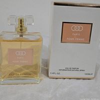 Photo of the Paris Pour Femme Eau de Parfum bottle alongside its white box with pink label.